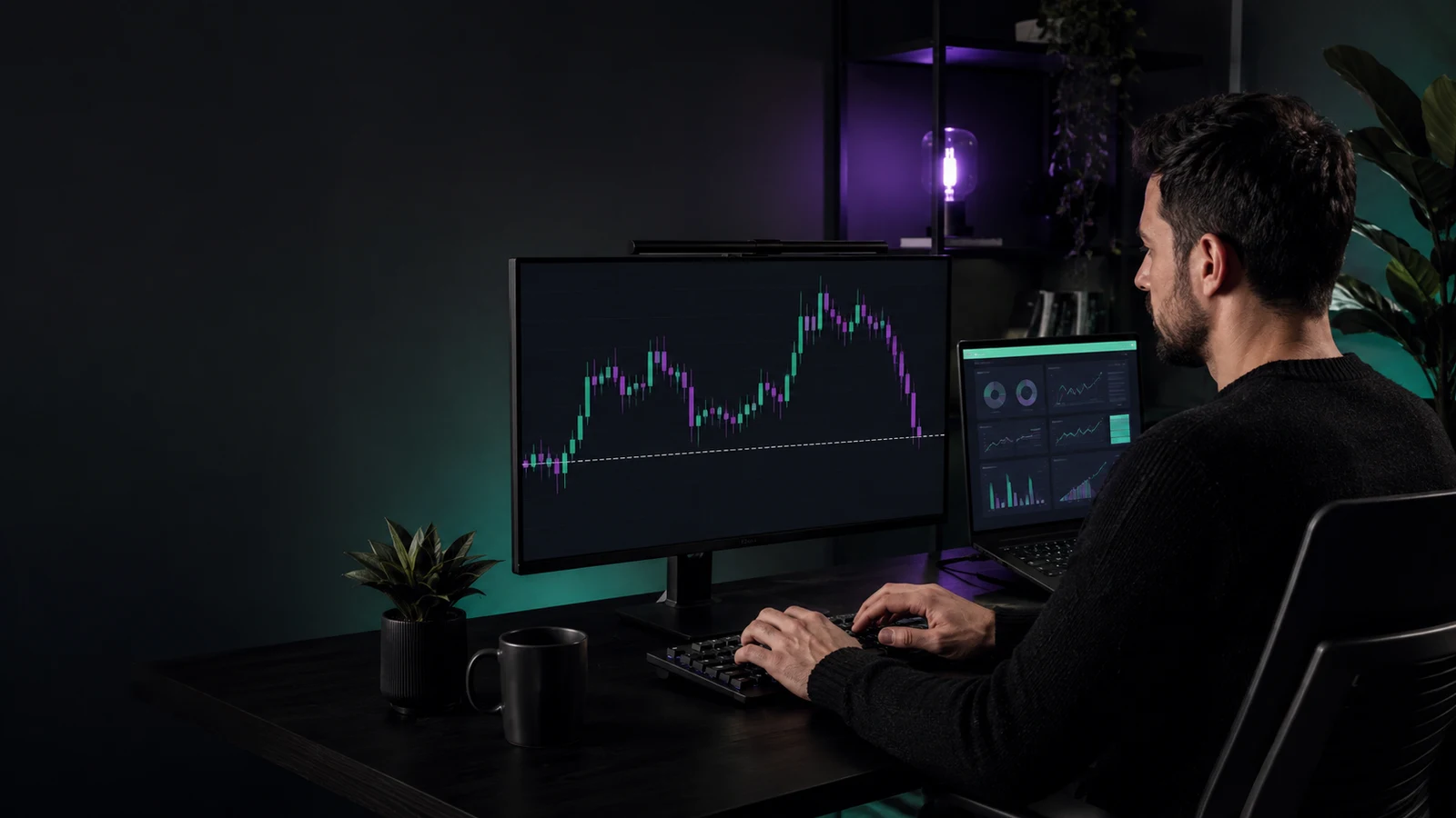 Trader analizando una posición abierta que se aproxima a su nivel de invalidación en un puesto tecnológico