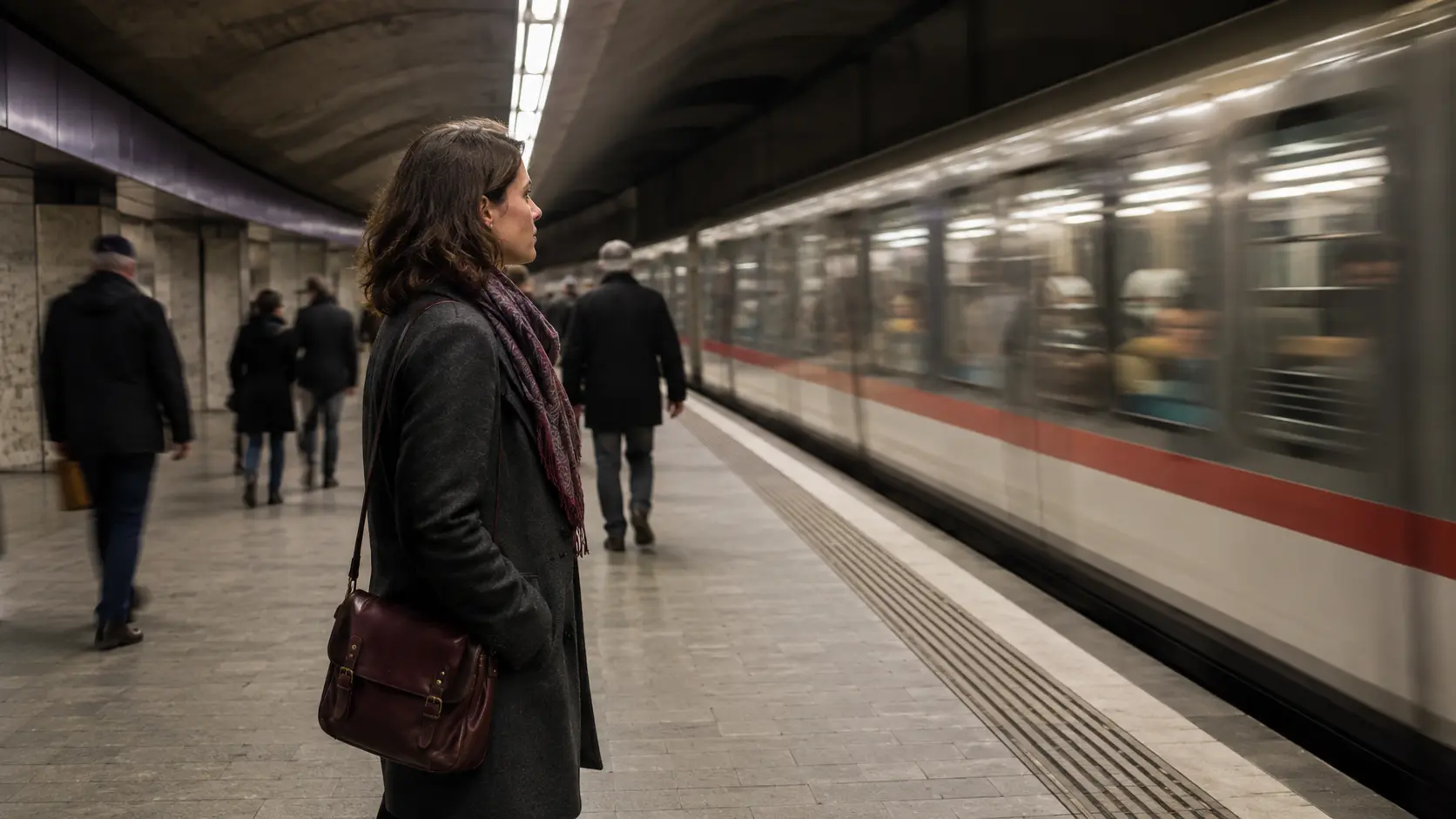 Person waiting on a platform while a train continues moving
