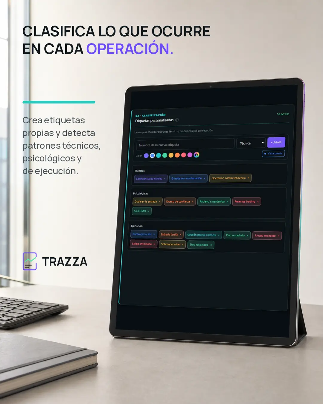 Panel de TRAZZA para crear etiquetas técnicas, psicológicas y de ejecución en cada operación