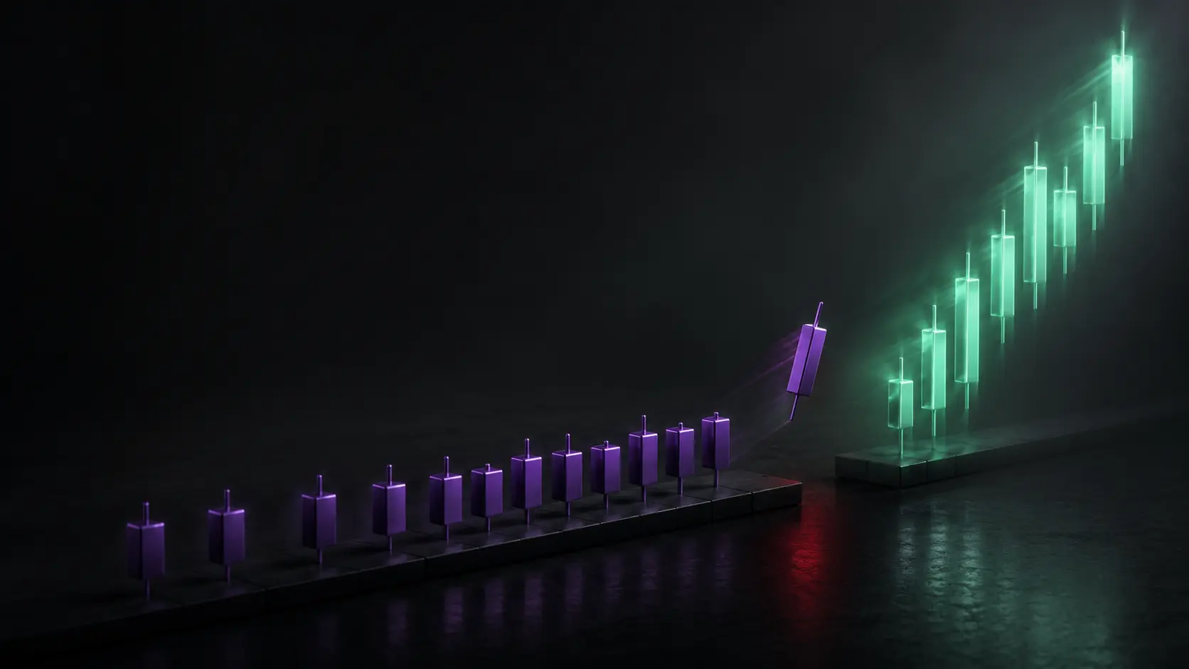 Representación conceptual del FOMO en trading con una vela que abandona su recorrido para perseguir un movimiento ascendente